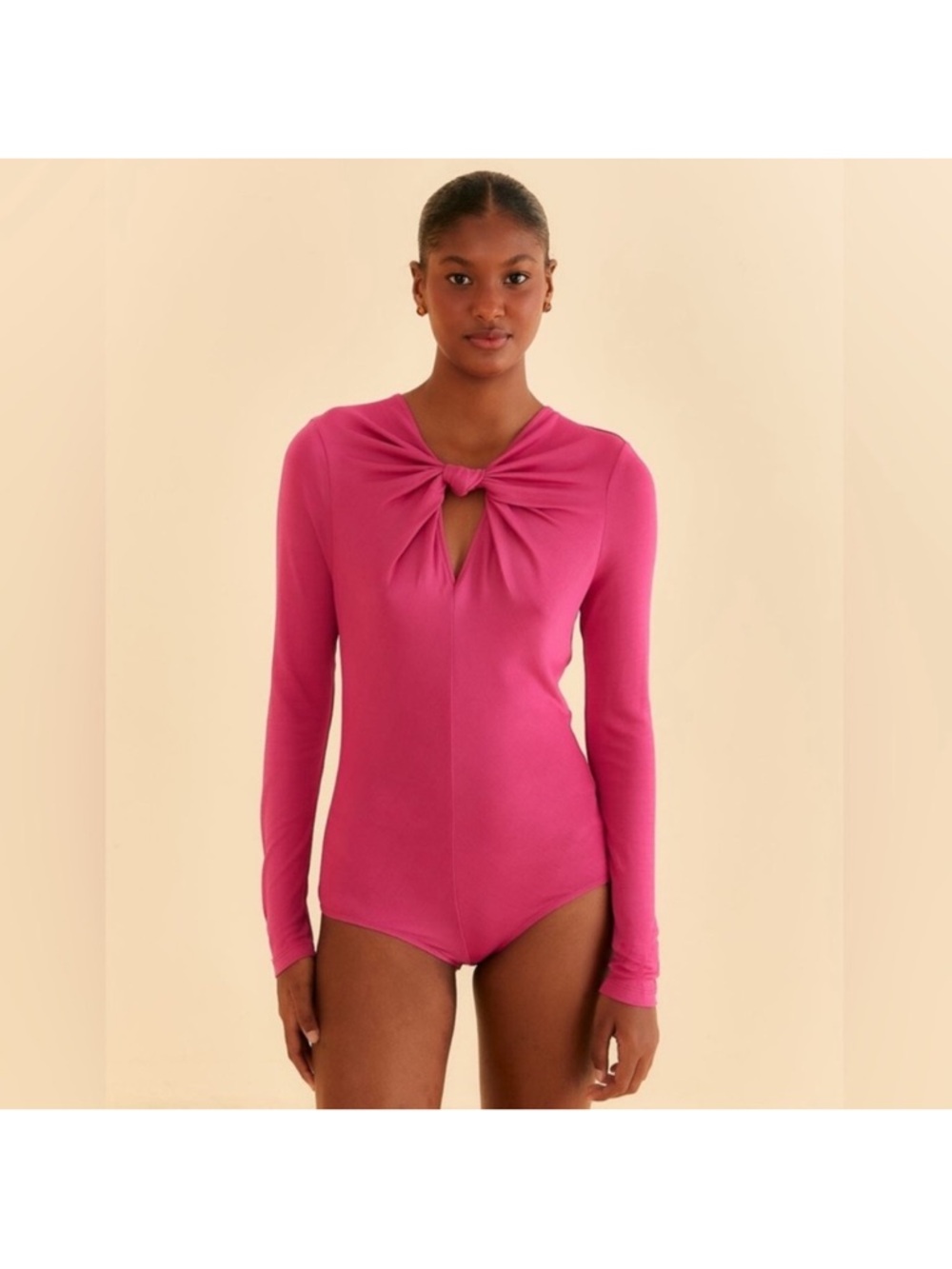 FARM Rio Hot Pink Knot-Front Long-Sleeve Bodysuit